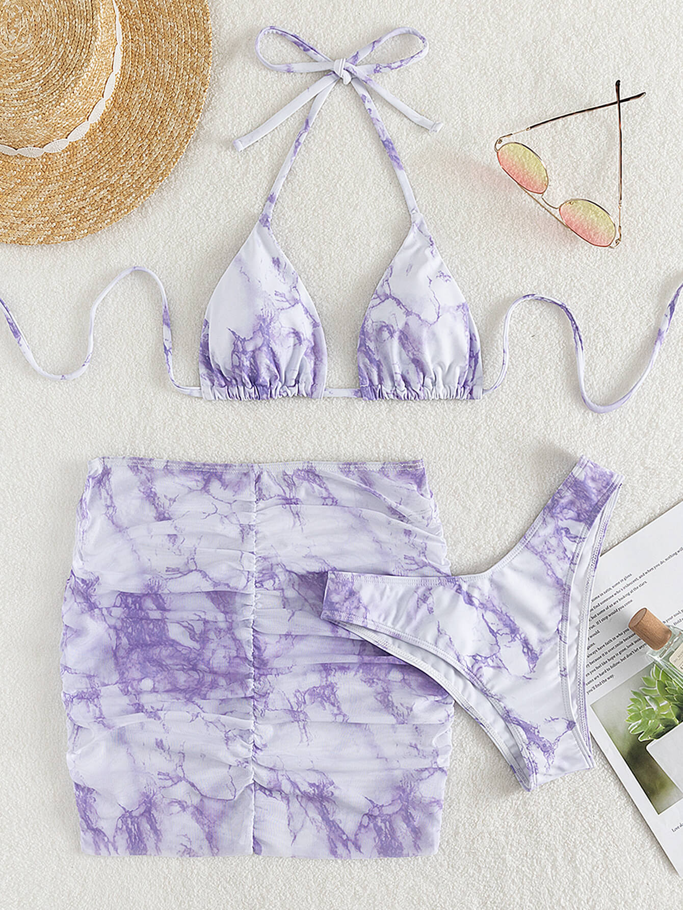 Tie-Dye Halter Neck Ruched Three-Piece Swimsuit