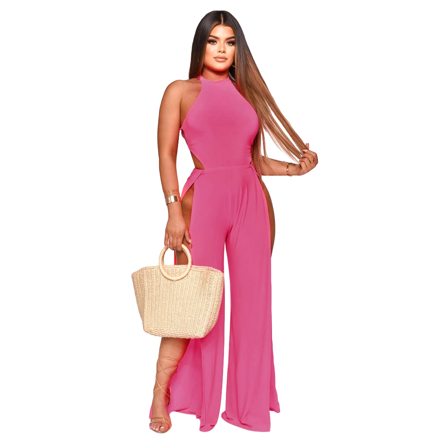 Women's Lace-up Back Split Leg Jumpsuit
