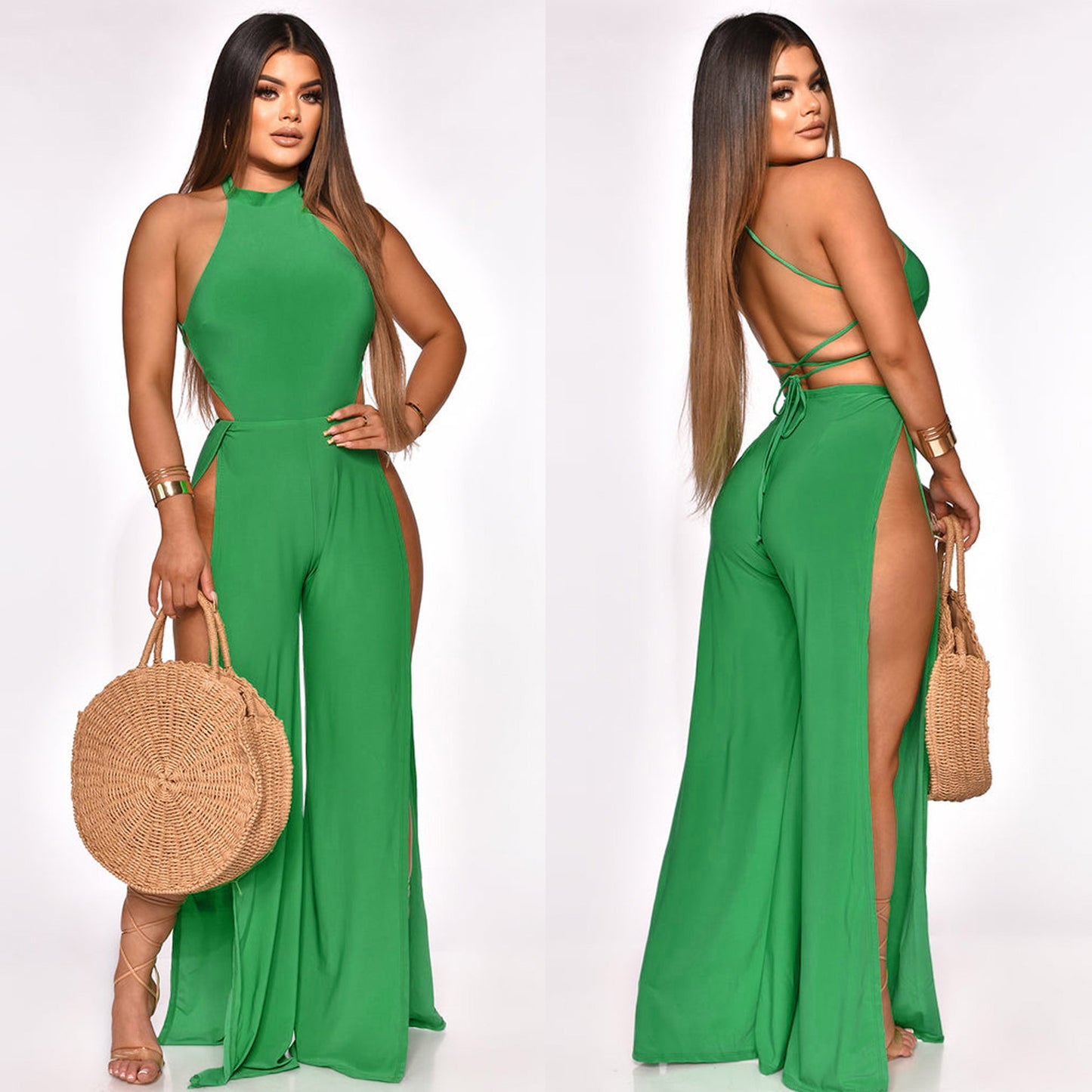 Women's Lace-up Back Split Leg Jumpsuit