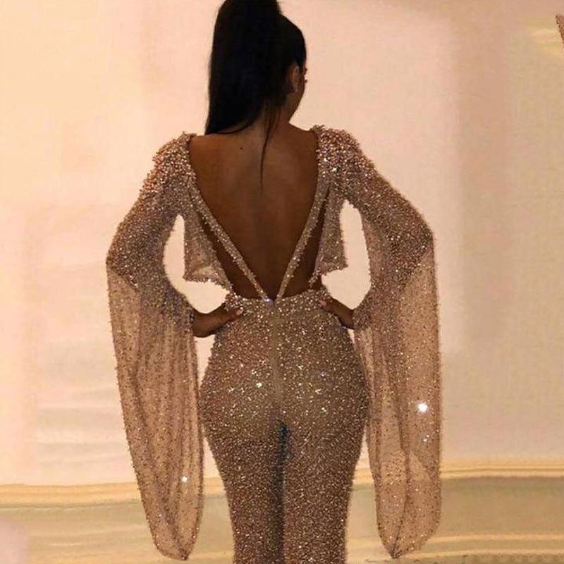 Women's Sexy Long-sleeved Sequin Gold Jumpsuit