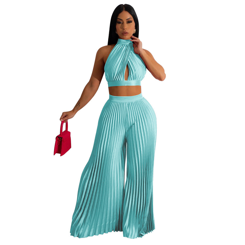 Women's Halter Top Silk Pleated Wide-Leg Pants Two-piece Set