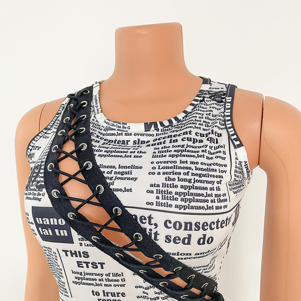 "Read All About It" Sexy Digital Printed Hollow Tie Dress