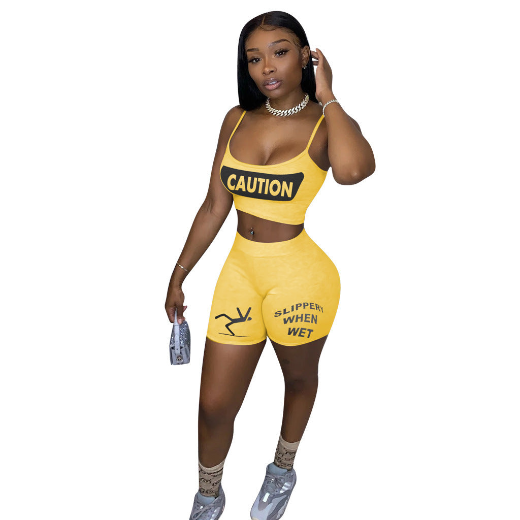 Ladies' Letter Printed Shorts and Top Two Piece Set