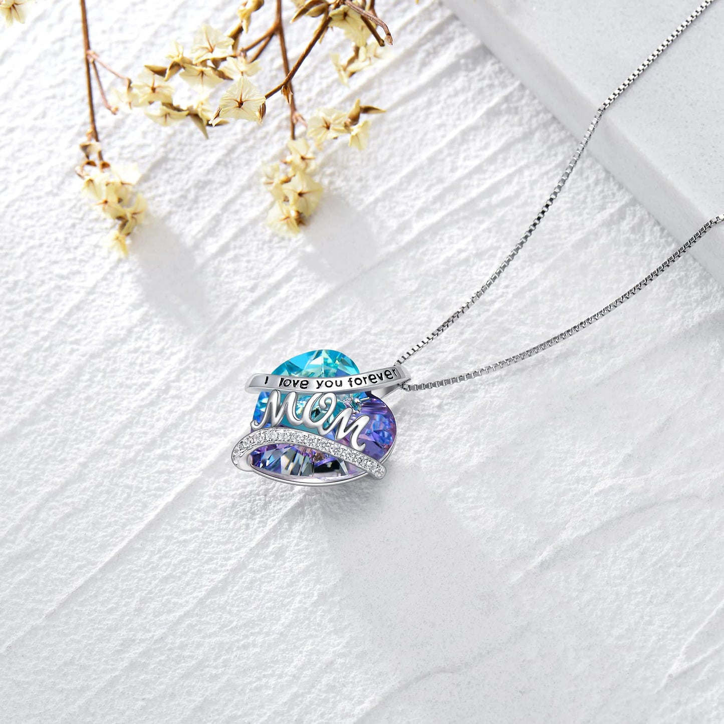 Gifts For Mom Sterling Silver Mom Necklace With Heart Birthstone Crystal Mother's Day Christmas Jewelry Gifts For Mother