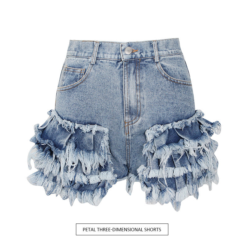 New Fashion Temperament Sexy One Buckle Fringed High Waist Denim Shorts
