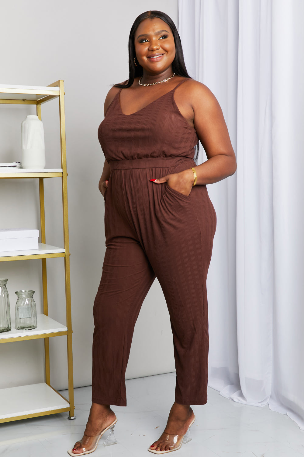 Gilli Full Size Spaghetti Strap V-Neck Jumpsuit with Pockets