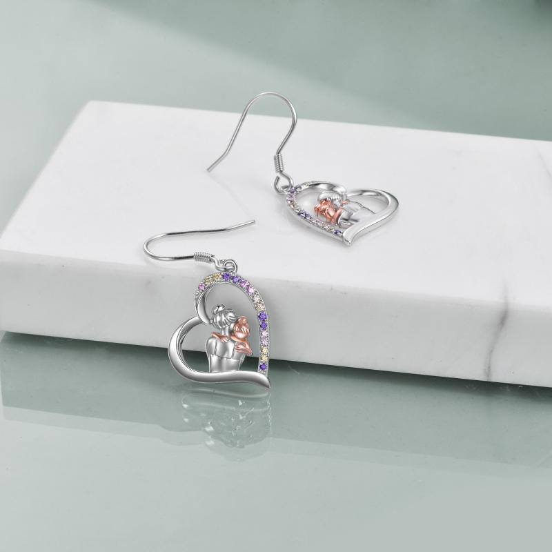 Mother Hold Child Love Heart Dangle Sterling Silver Earrings
