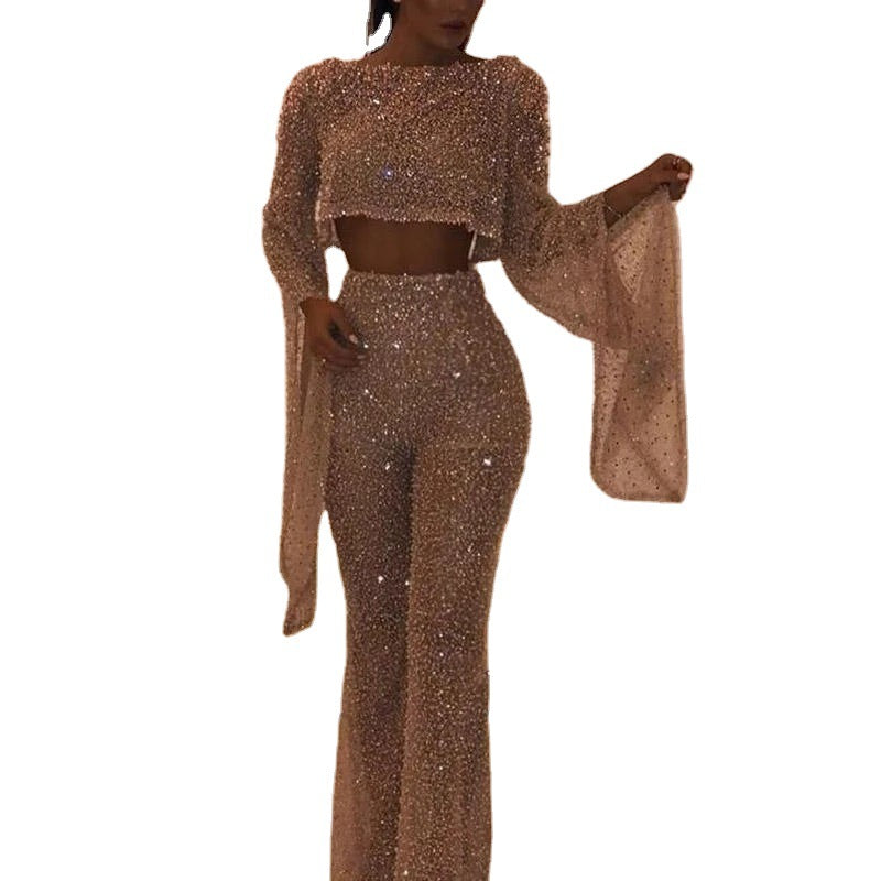 Women's Sexy Long-sleeved Sequin Gold Jumpsuit