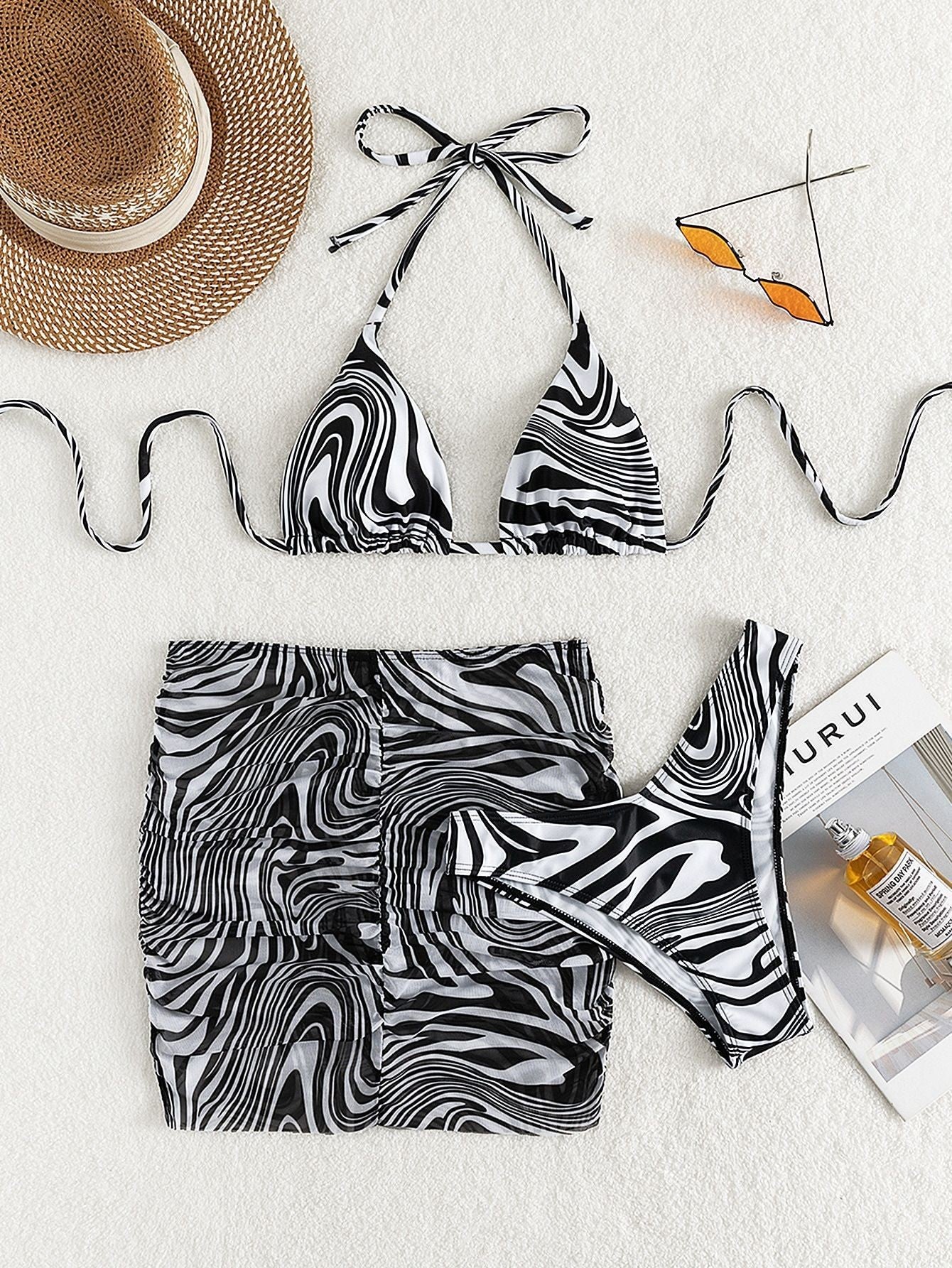 Animal Print Ruched Three-Piece Swimsuit
