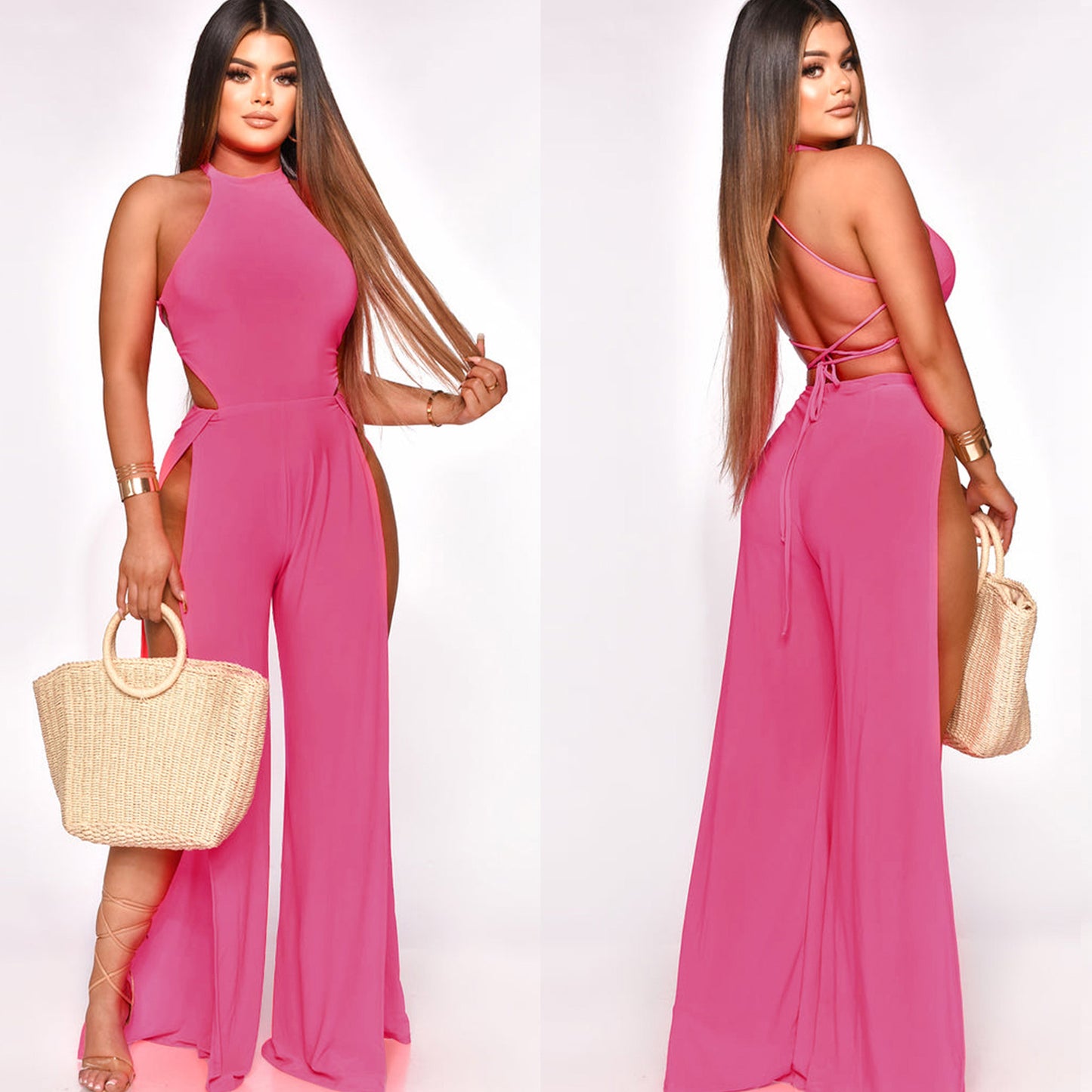 Women's Lace-up Back Split Leg Jumpsuit