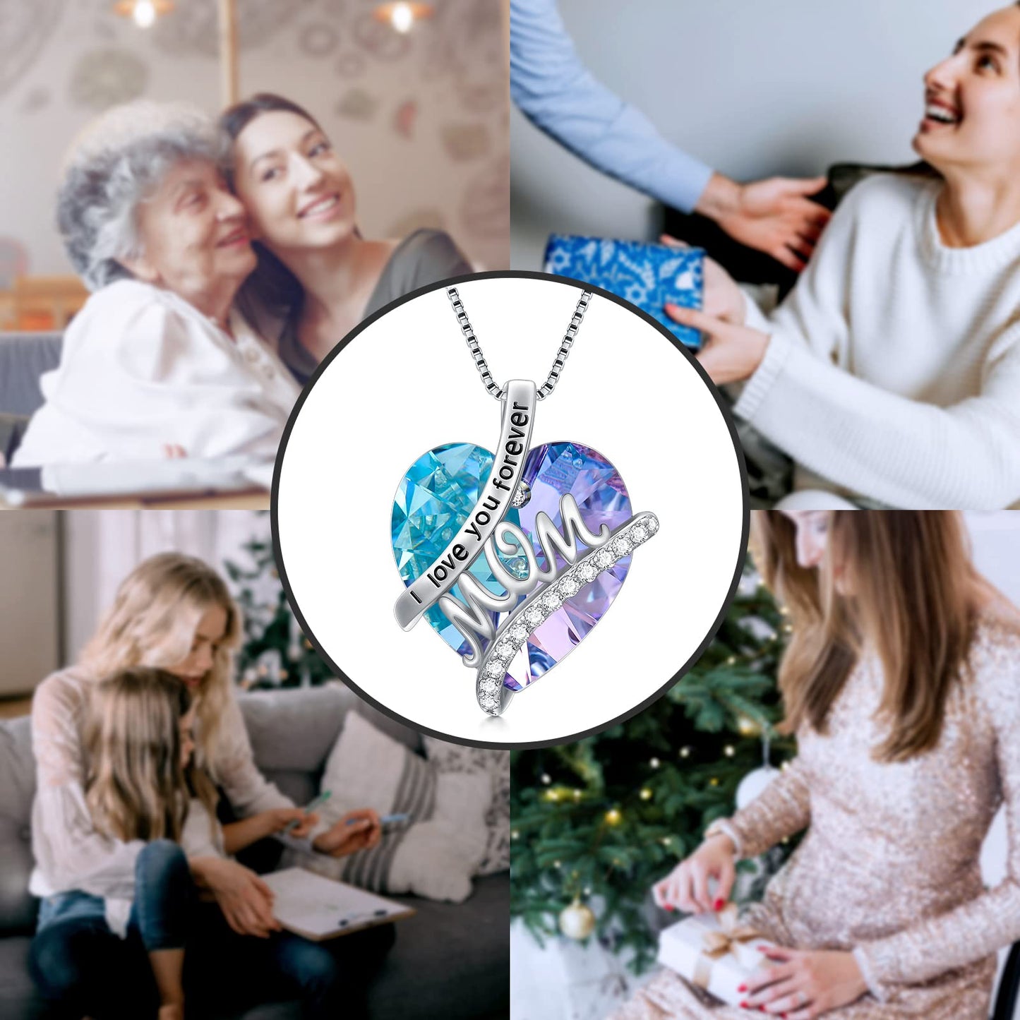 Gifts For Mom Sterling Silver Mom Necklace With Heart Birthstone Crystal Mother's Day Christmas Jewelry Gifts For Mother