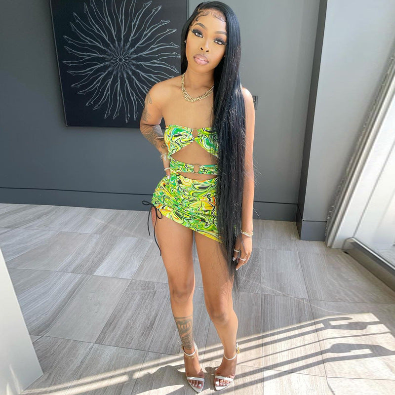 "Summer Time" Summer Print Bra Cut-out Drawstring Dress