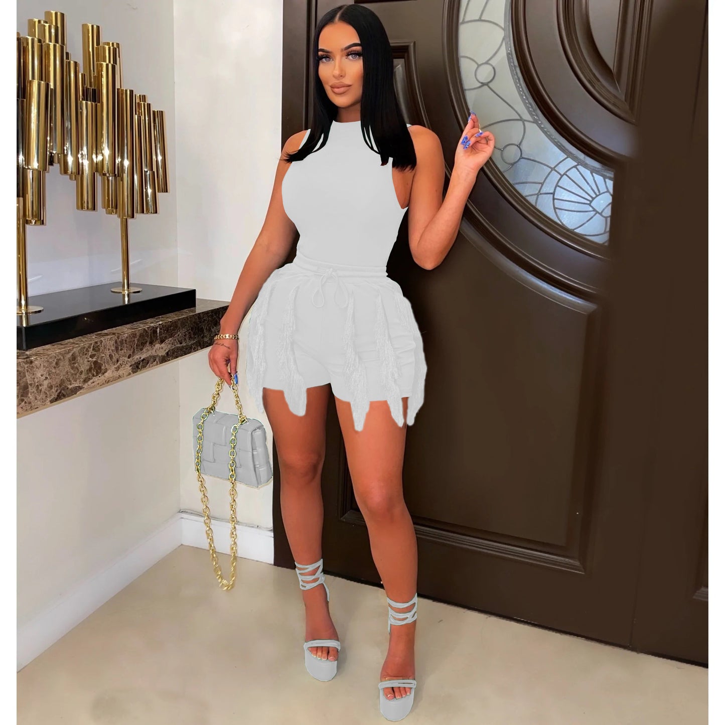 Women's Sleeveless Vest Drawstring Tassel Casual Solid Color Two-piece Set