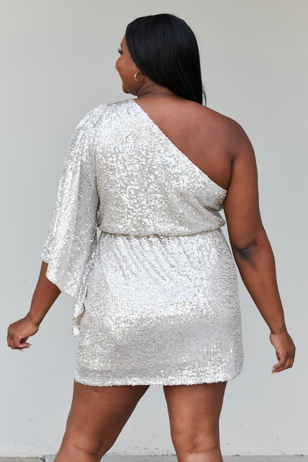 Hailey & Co Full Size Sequined One-Shoulder Bell Sleeve Dress