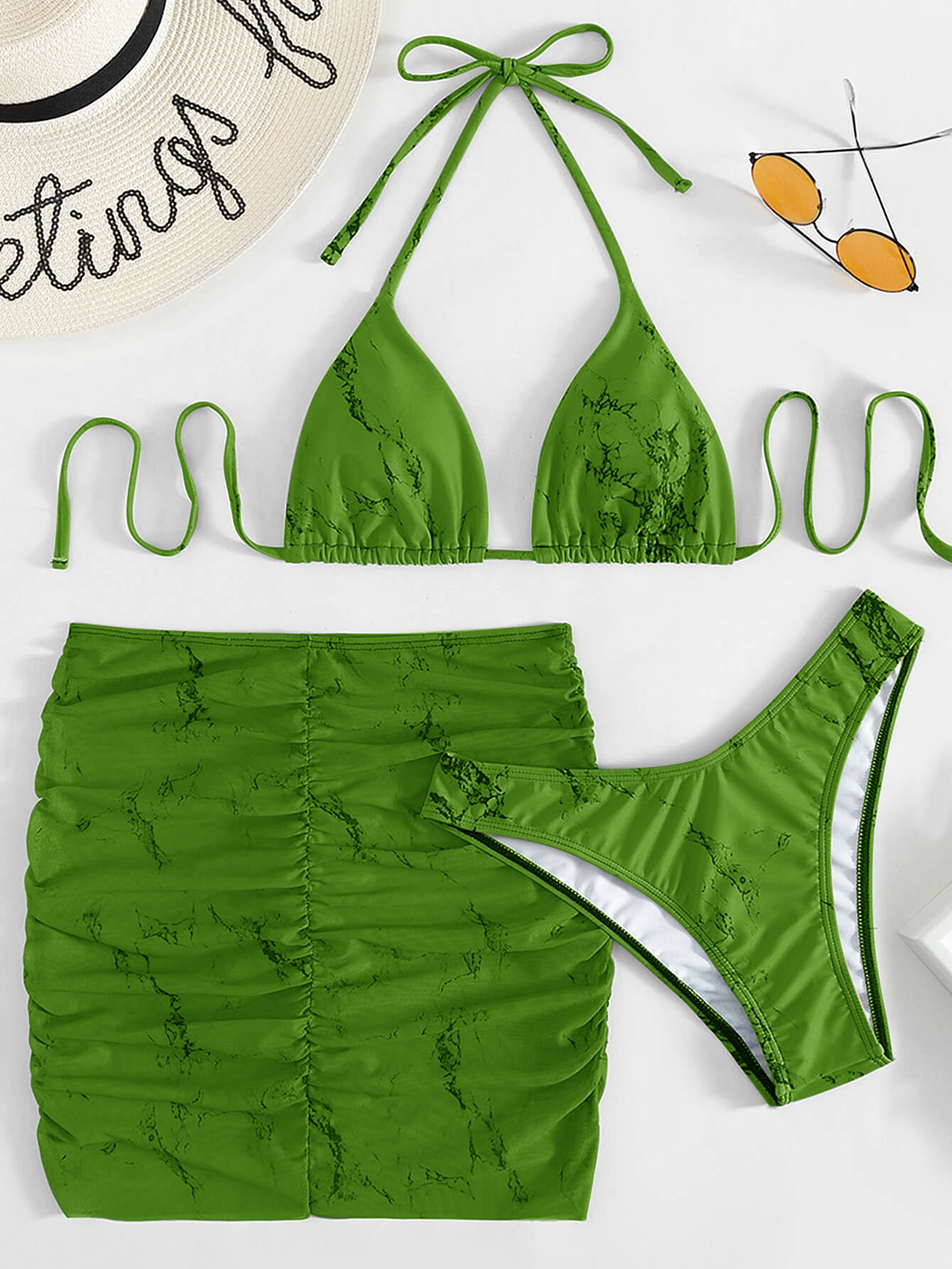 Tie-Dye Halter Neck Ruched Three-Piece Swimsuit