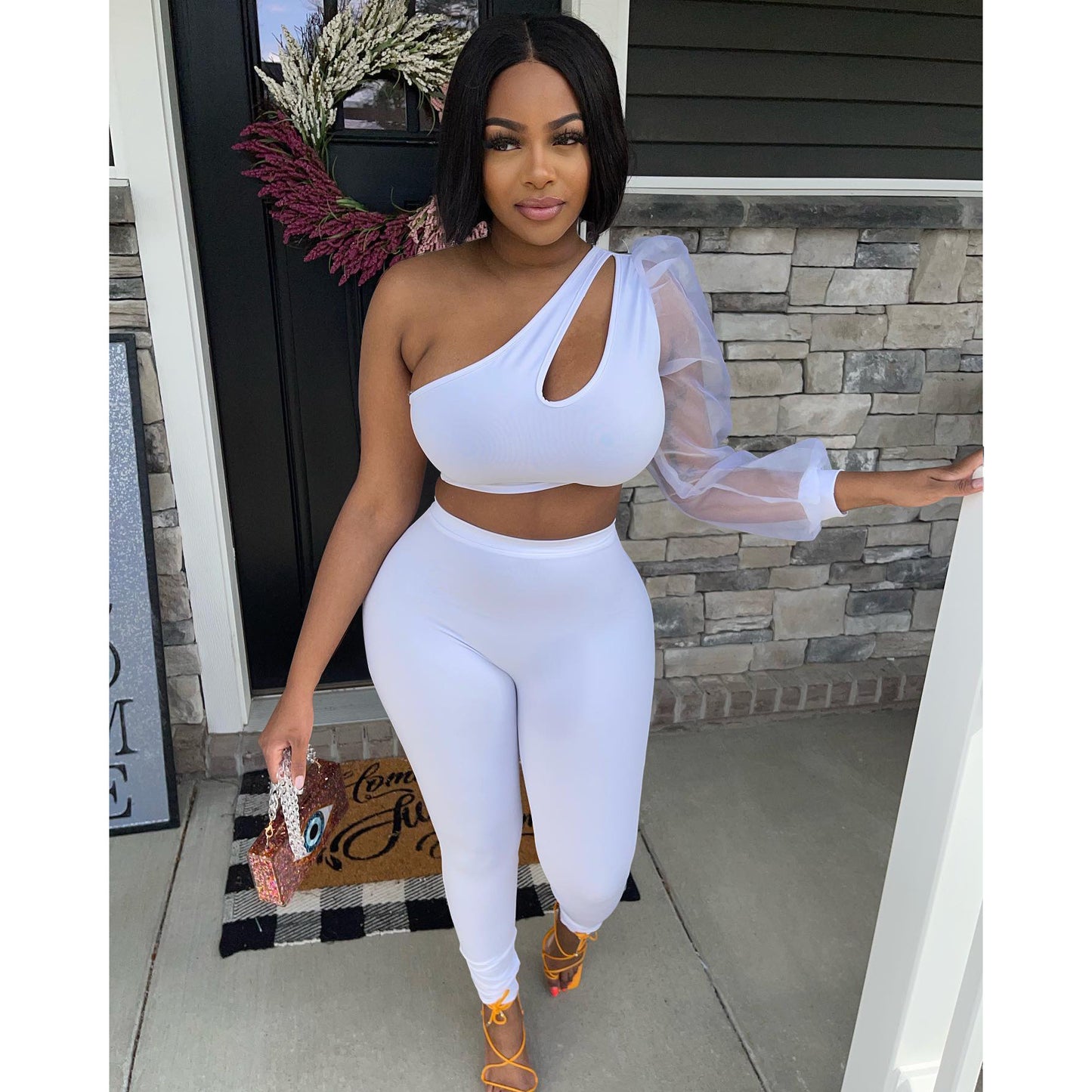Mesh One Sleeve Elastic Two Piece Pants Set