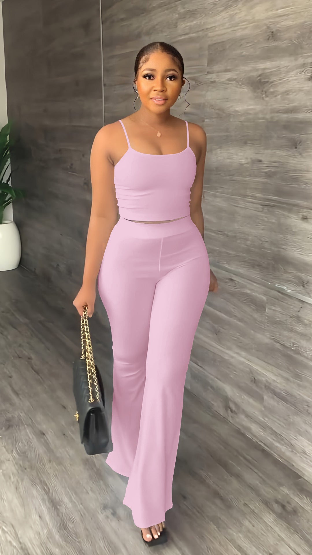 Women's Solid Color Sling Bell-Bottom Pants Fashion Two Piece Set