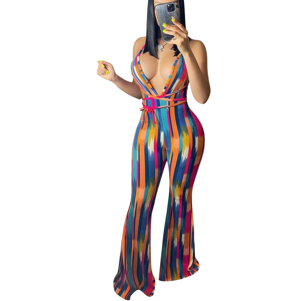 "Love Me or Hate Me" Striped Print Halter Slim-fit Flared Trousers