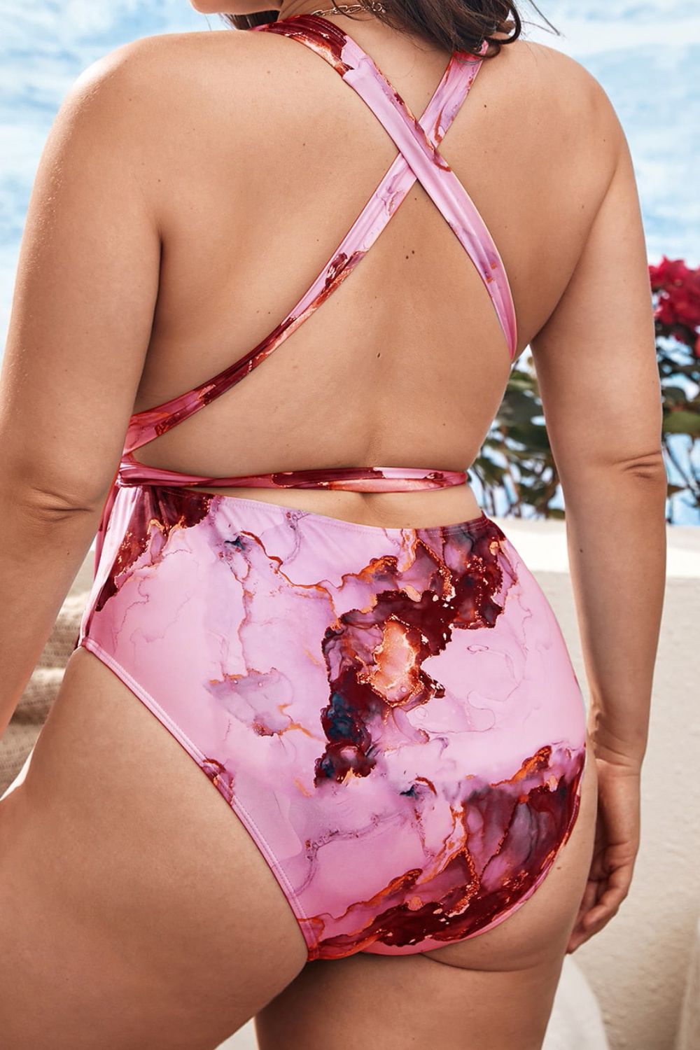 Plus Size Tie-Dye Crisscross Back Tie Waist One-Piece Swimsuit