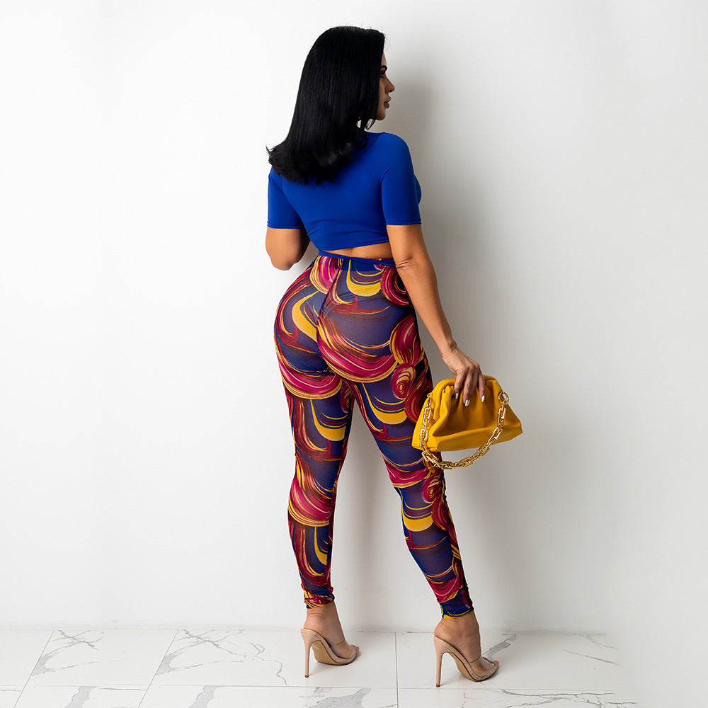 Sexy Mesh Printed Trousers Women Two-Piece Set