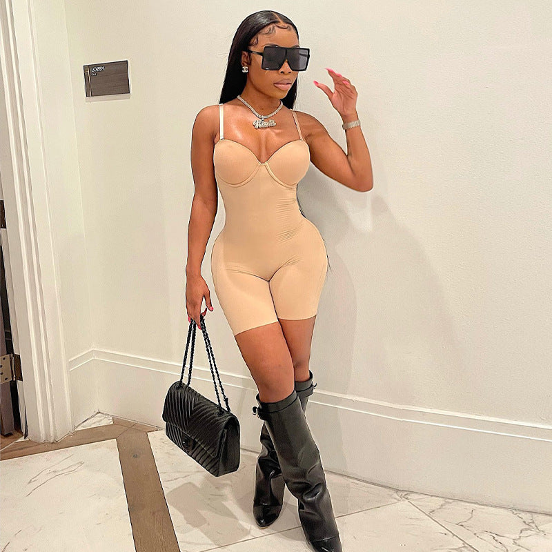 Sling Low Cut Solid Color Casual Romper