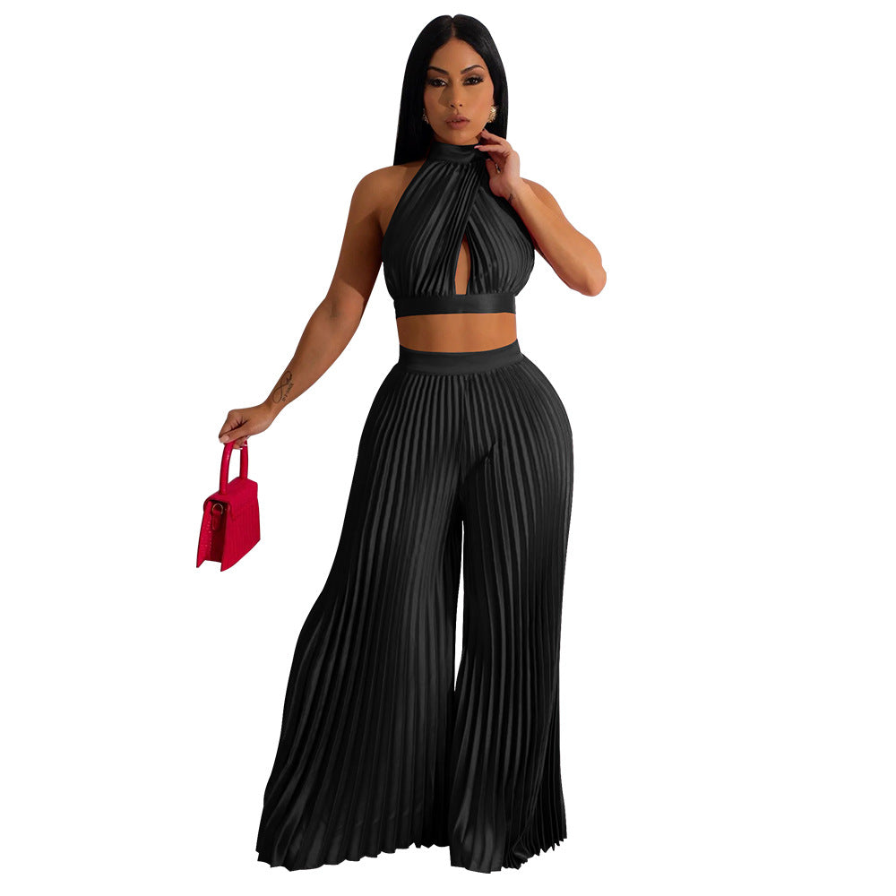 Women's Halter Top Silk Pleated Wide-Leg Pants Two-piece Set