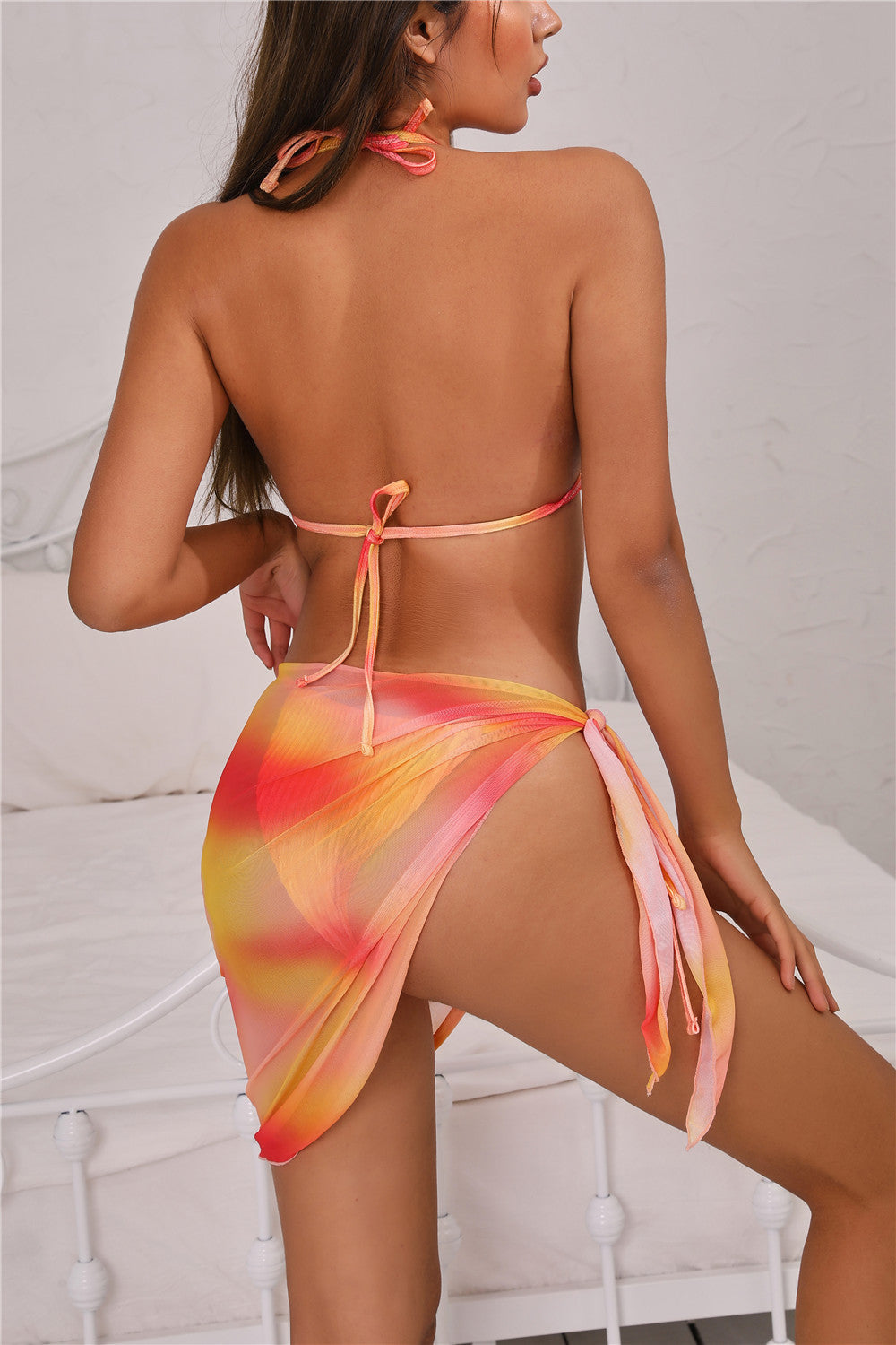 Tie-Dye Tied Backless Bikini Set with Sarong