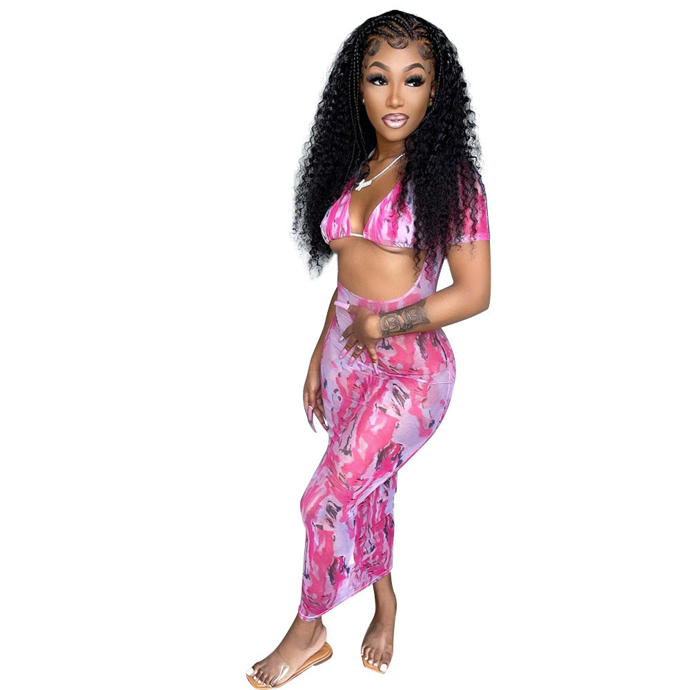 Women's Fashion Sexy Hollow Printed Mesh Dress