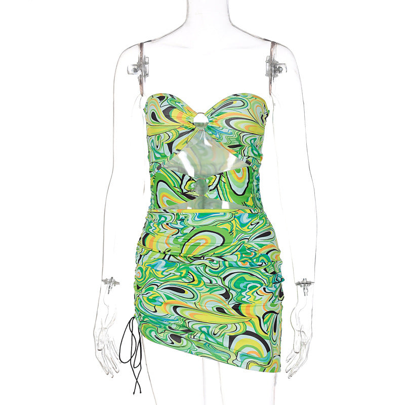 "Summer Time" Summer Print Bra Cut-out Drawstring Dress
