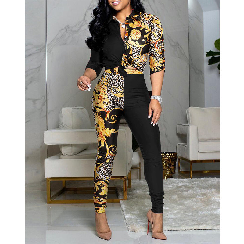 Women's Color Matching Printed Long-sleeved Shirt And Casual Pants Two-piece Set