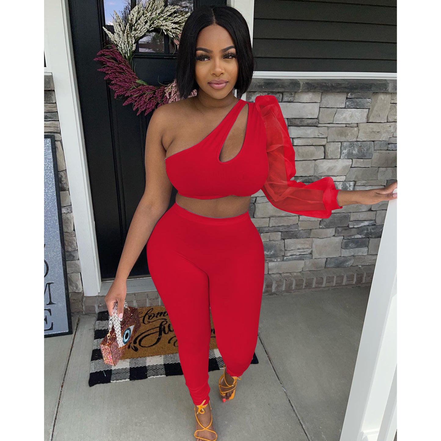 Mesh One Sleeve Elastic Two Piece Pants Set
