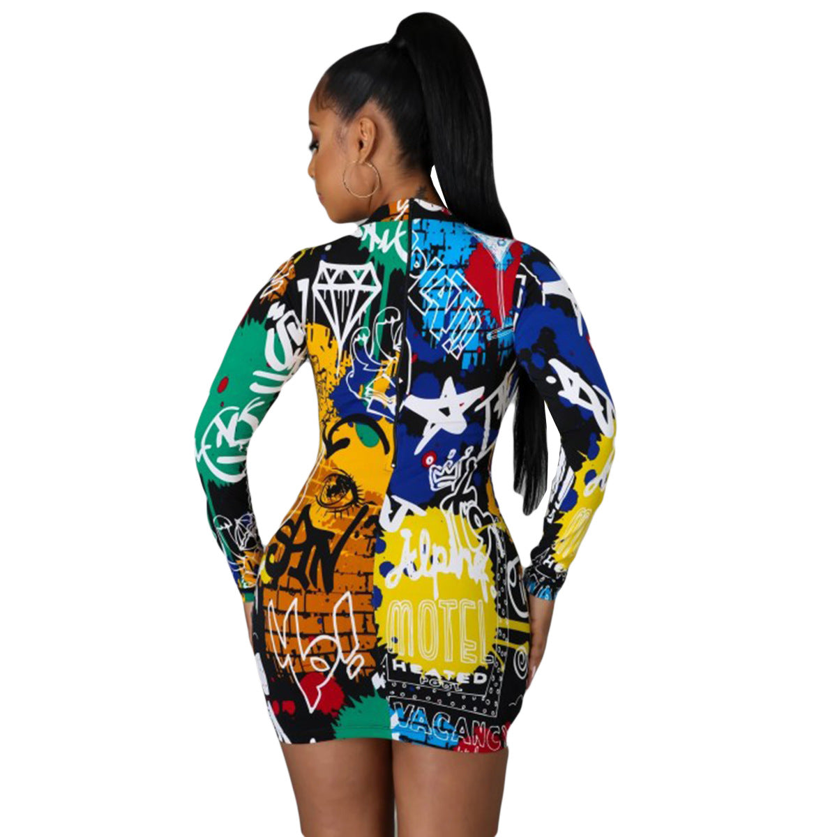 Graffiti Printed Long Sleeve Sexy Dress