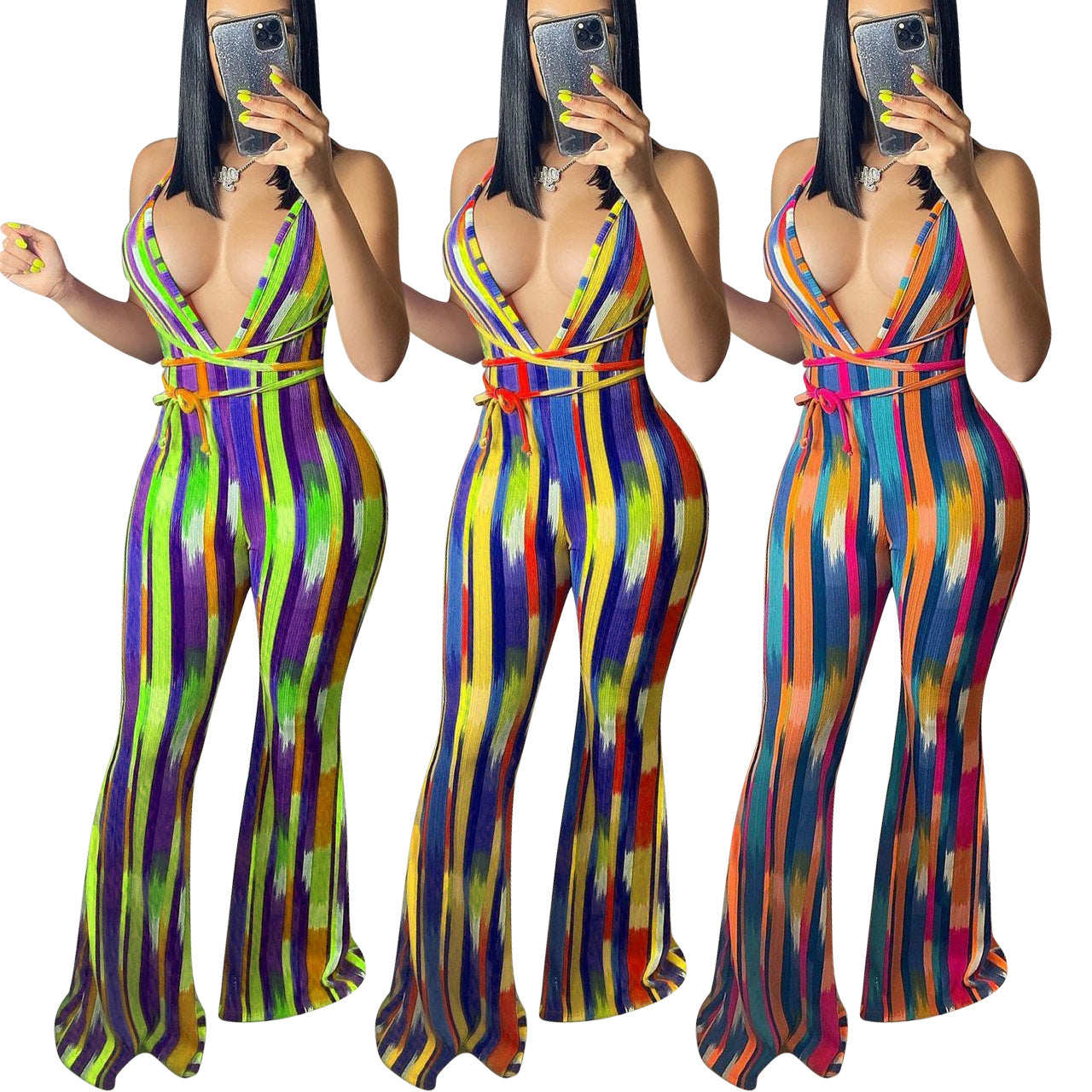 "Love Me or Hate Me" Striped Print Halter Slim-fit Flared Trousers