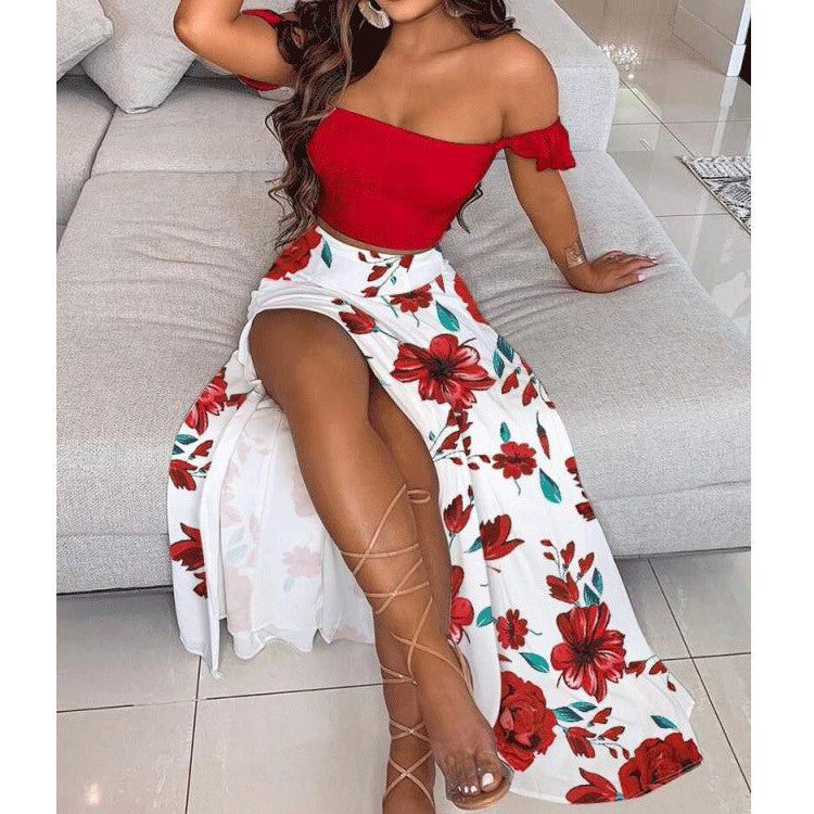 Fashion Top & Slit Long Skirt Two-Piece Set