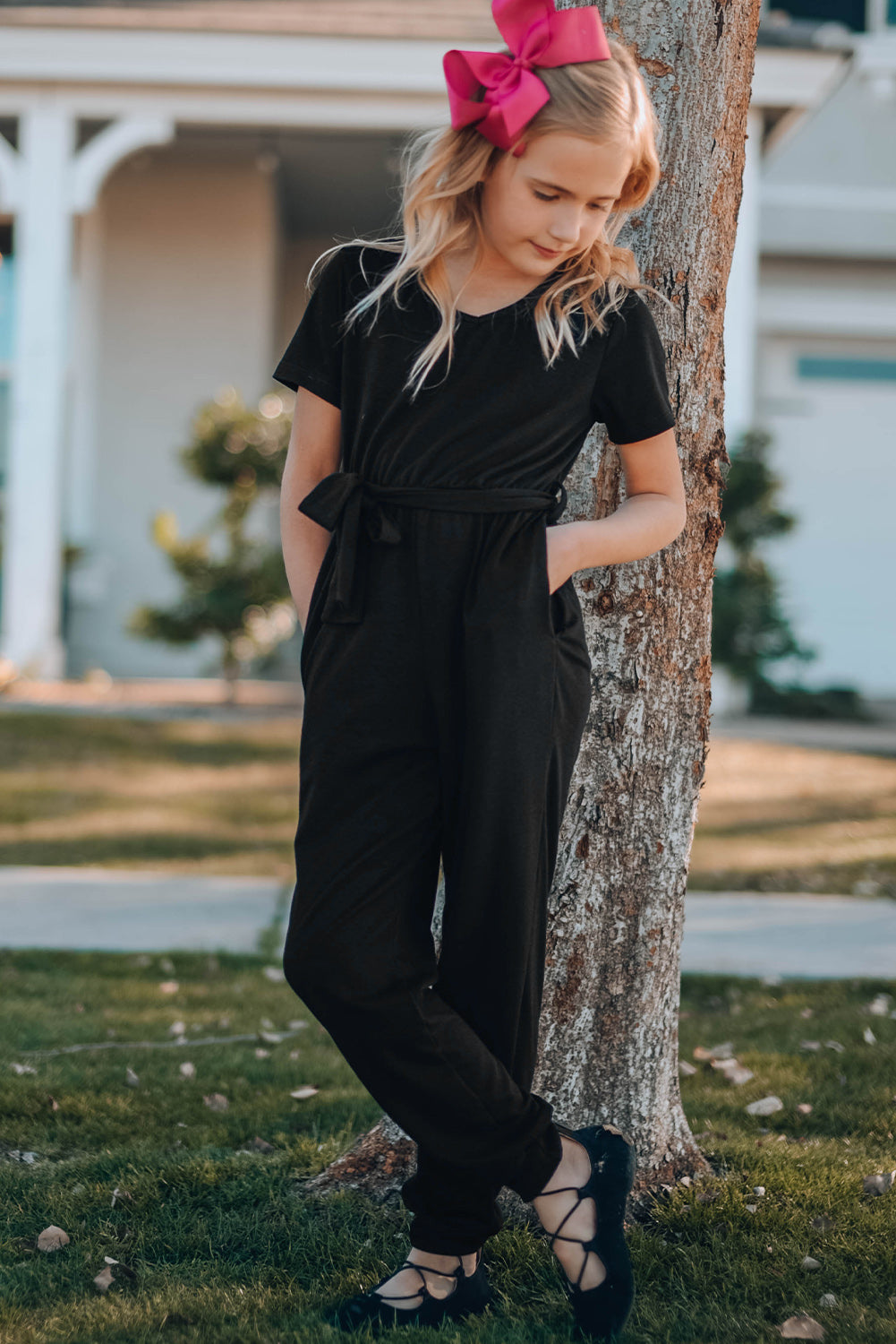 Girls Belted Jogger Jumpsuit with Side Pockets