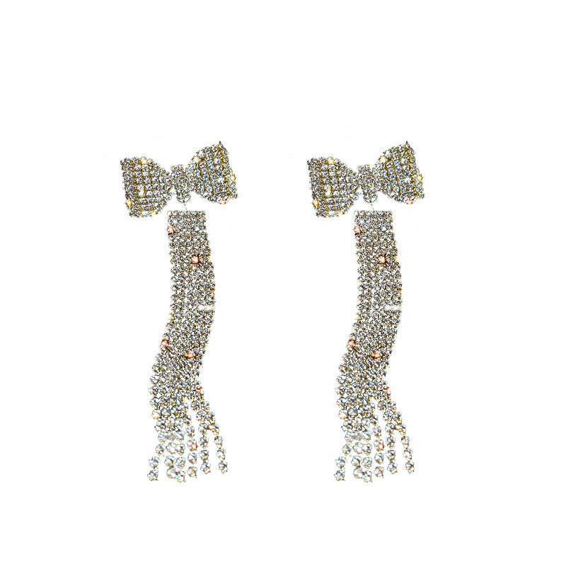 Long Full Diamond Bow Tassel New Trendy Elegant High Sense Elegant Earrings Earrings For Women