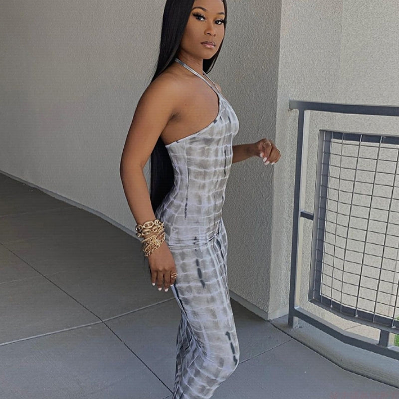 Grey Printed Halter Lace Sexy Dress