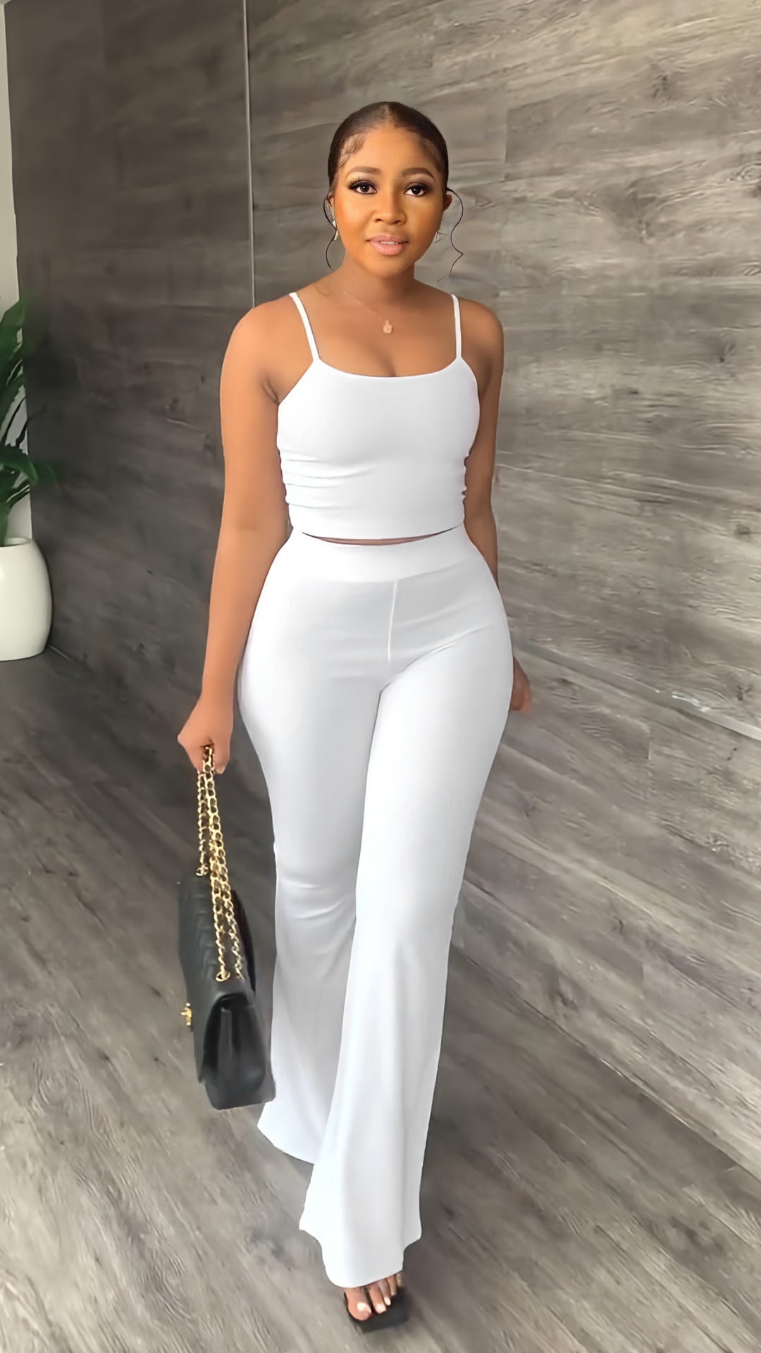 Women's Solid Color Sling Bell-Bottom Pants Fashion Two Piece Set