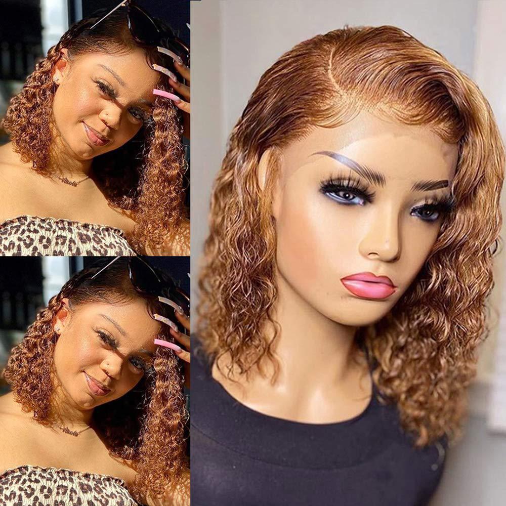 Short Curly Honey Blonde Bob Wig Lace Front Human Hair Wig for Women