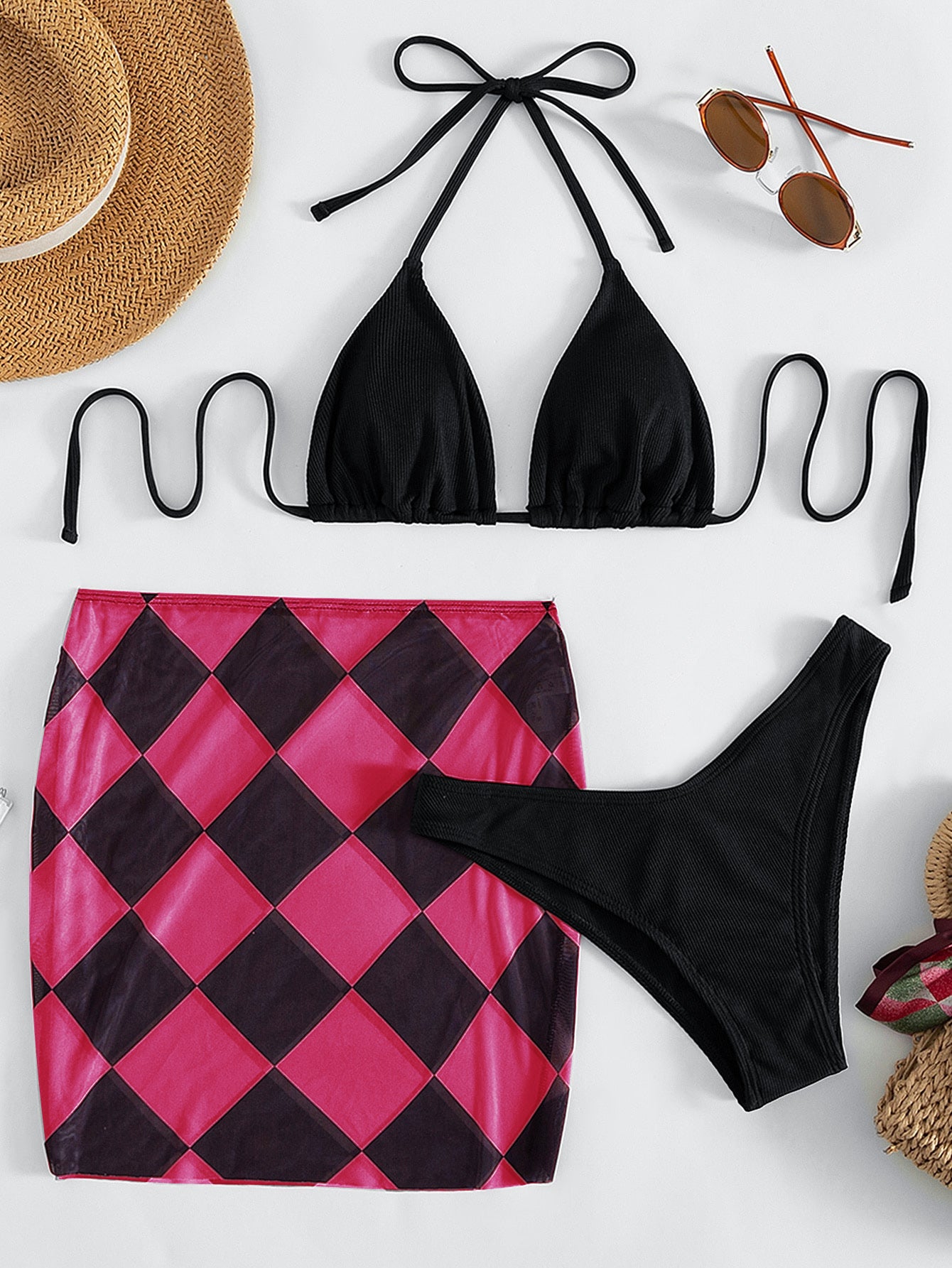 Argyle Halter Neck Three-Piece Swimsuit
