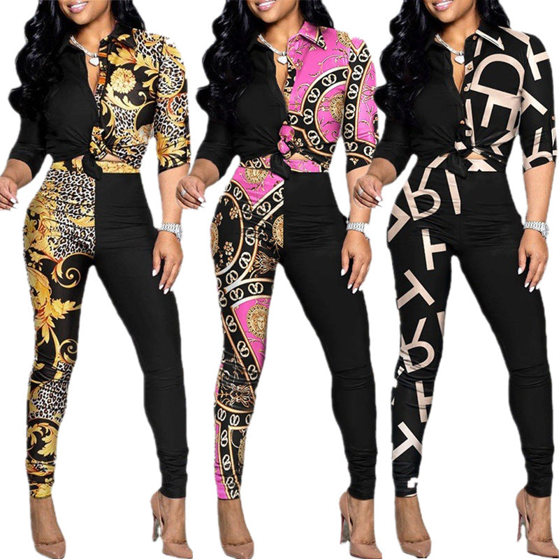 Women's Color Matching Printed Long-sleeved Shirt And Casual Pants Two-piece Set