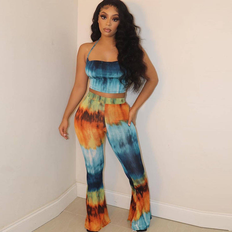 Women's Fashion Crop Top High Waist Wide Leg Pants Printed Two Piece Set