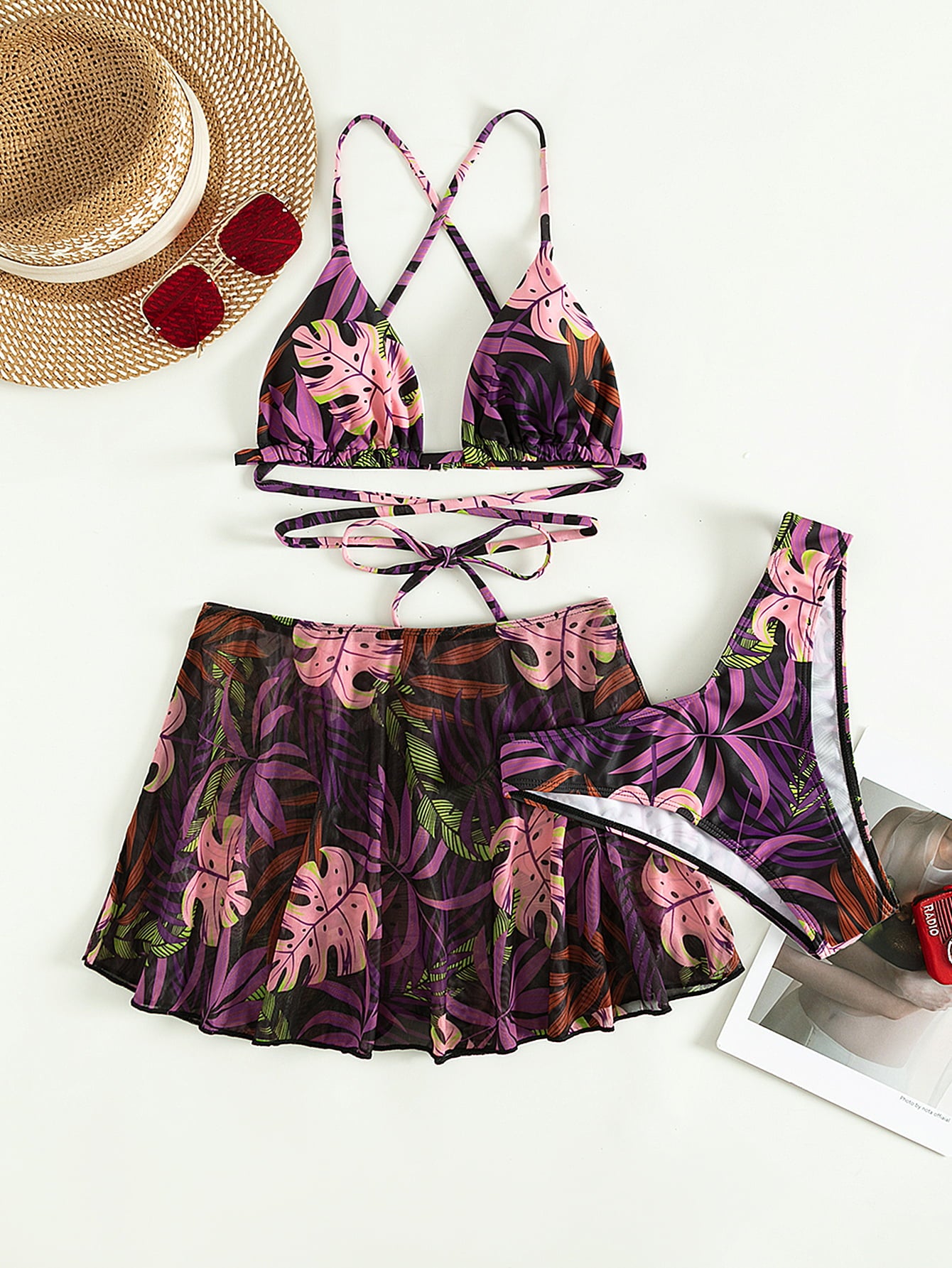 Surfing The Coast Botanical Print Three-Piece Swimsuit