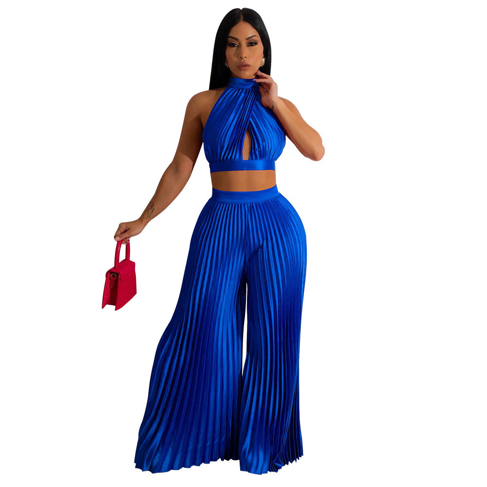 Women's Halter Top Silk Pleated Wide-Leg Pants Two-piece Set