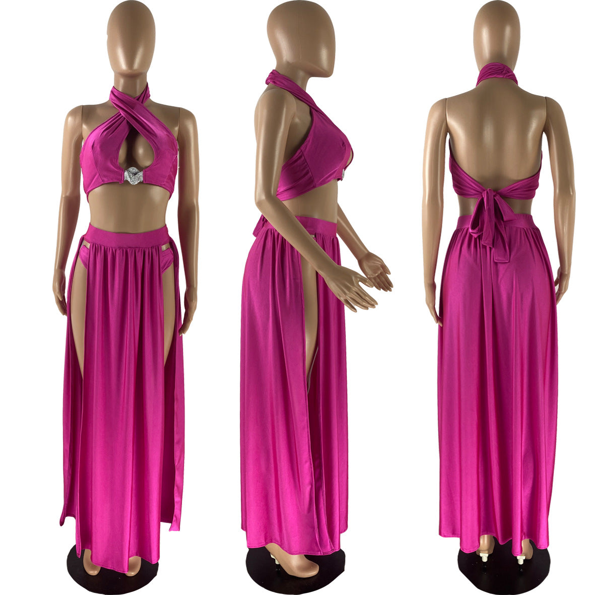 Ladies Split Triangle Bikini Cover-Up Three Piece Swimsuit Set