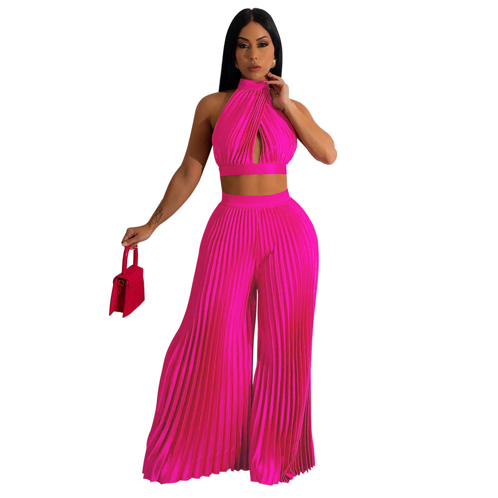Women's Halter Top Silk Pleated Wide-Leg Pants Two-piece Set