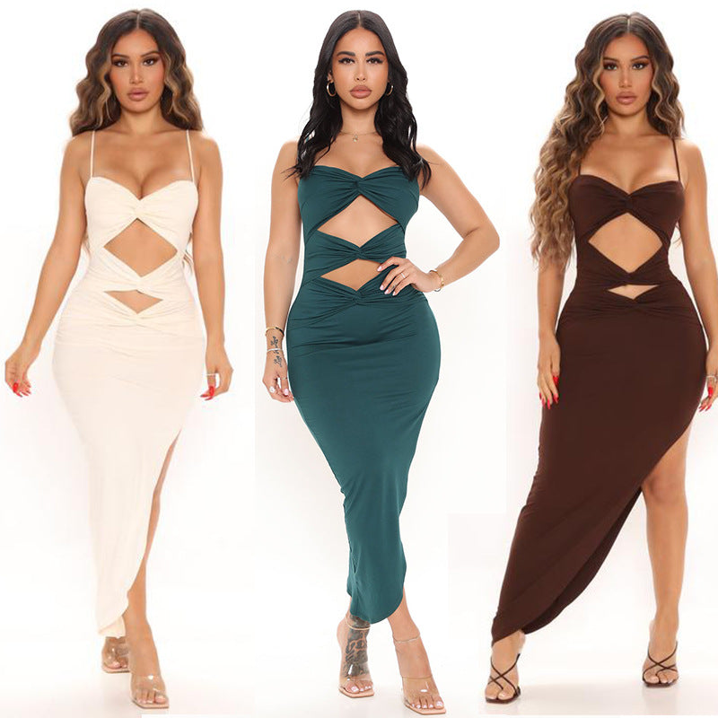 Women's Hollow Solid Color Suspender Dress