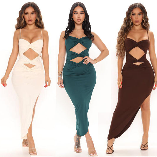 Women's Hollow Solid Color Suspender Dress