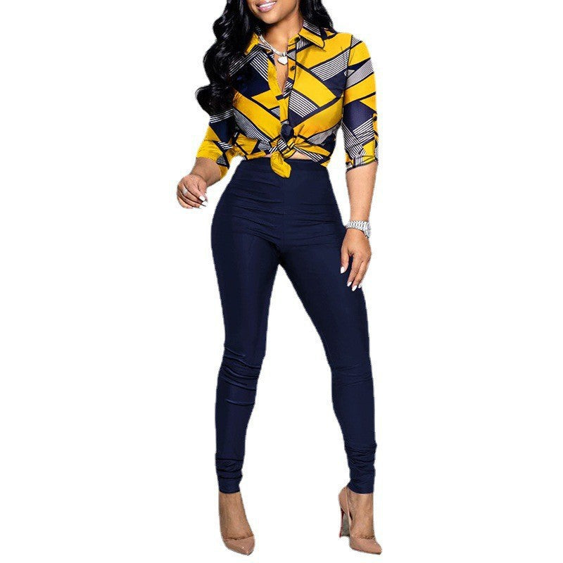 Women's Color Matching Printed Long-sleeved Shirt And Casual Pants Two-piece Set
