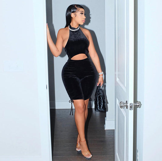 Halter Hot Rhinestone Pleated Romper